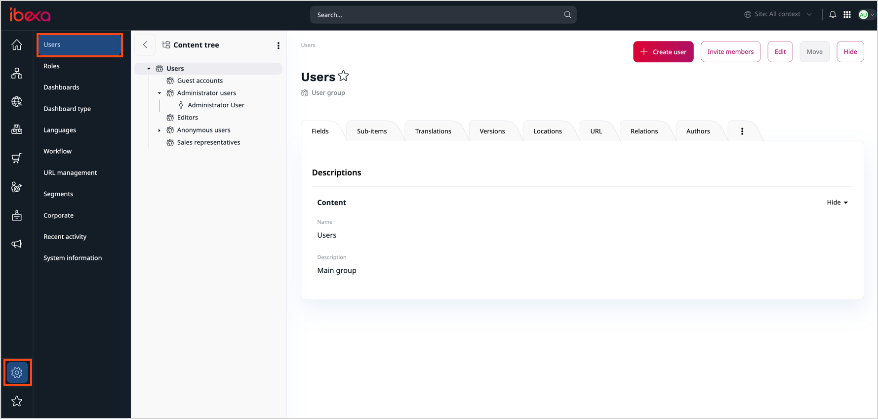 Users in admin panel